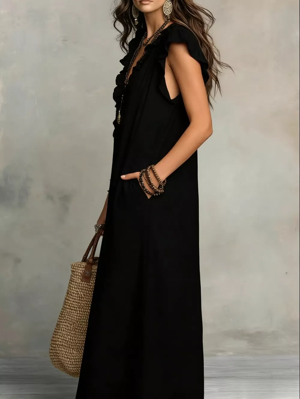 Ruffled V-Neck Maxi Dress, image 3