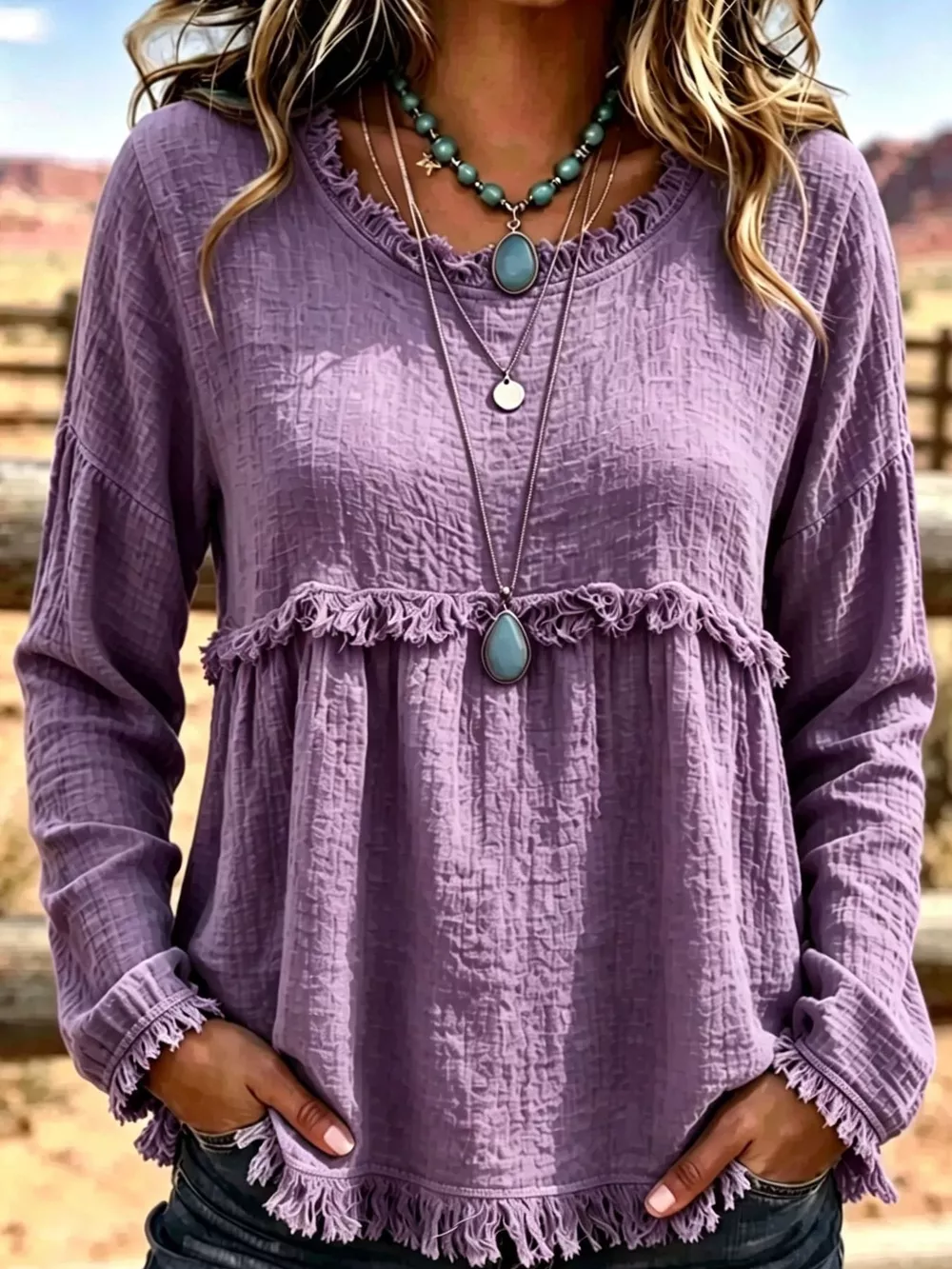 Full Size Frayed Hem Textured Blouse Plus Size, image 22