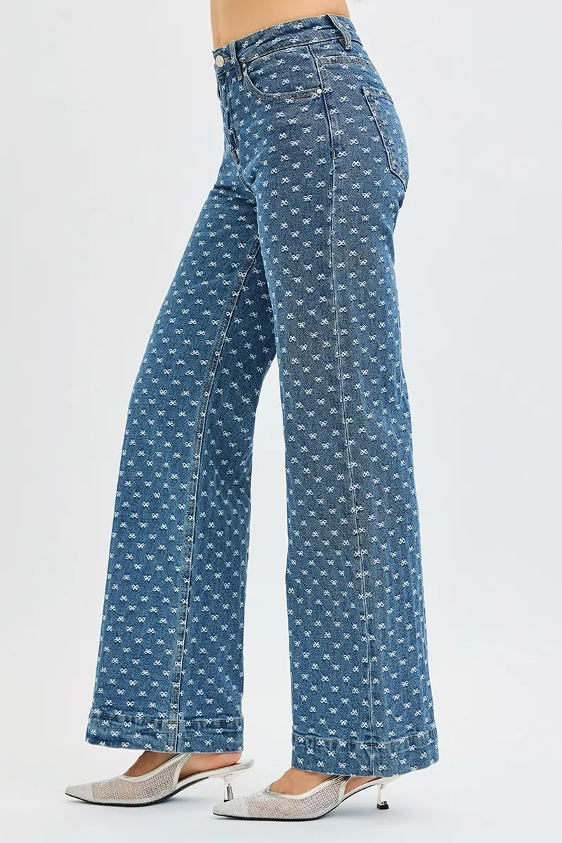 High Rise Wide Leg Bow Embroidered Jeans, image 5
