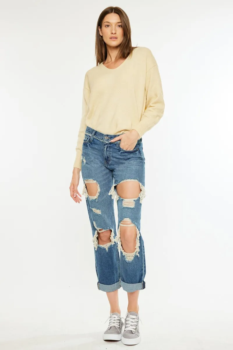 Distressed Mid Rise True Boyfriend Jeans, image 3