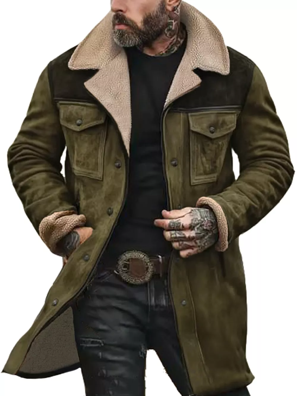 Men's Full Size Vintage Shearling Lined Longline Coat Plus Size, image 3