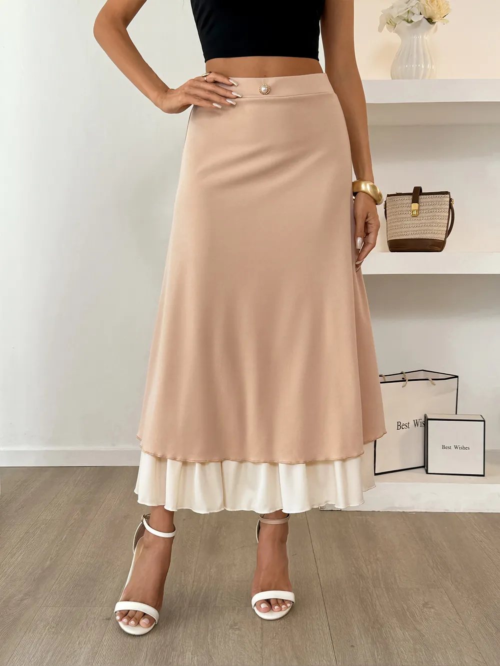 Layered Midi Skirt with Contrast Hem Detail