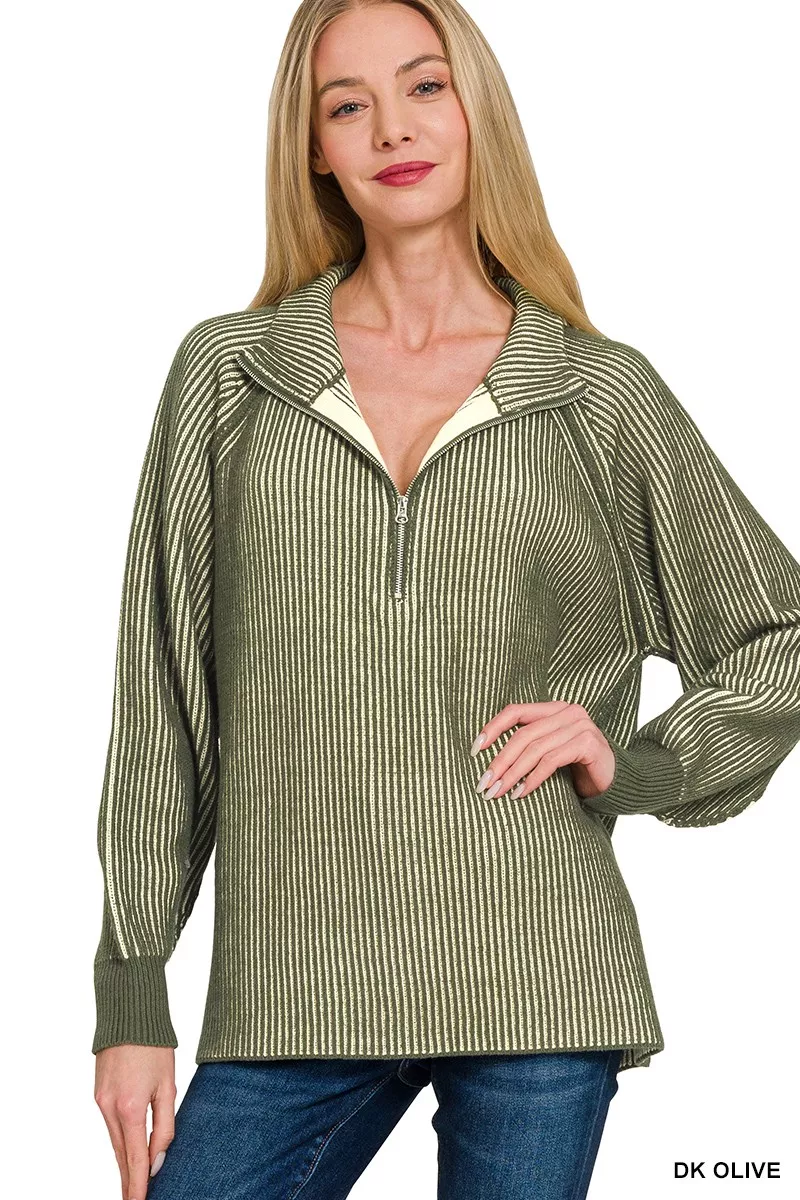 Ribbed Two Tone Half Zip Sweater, image 2