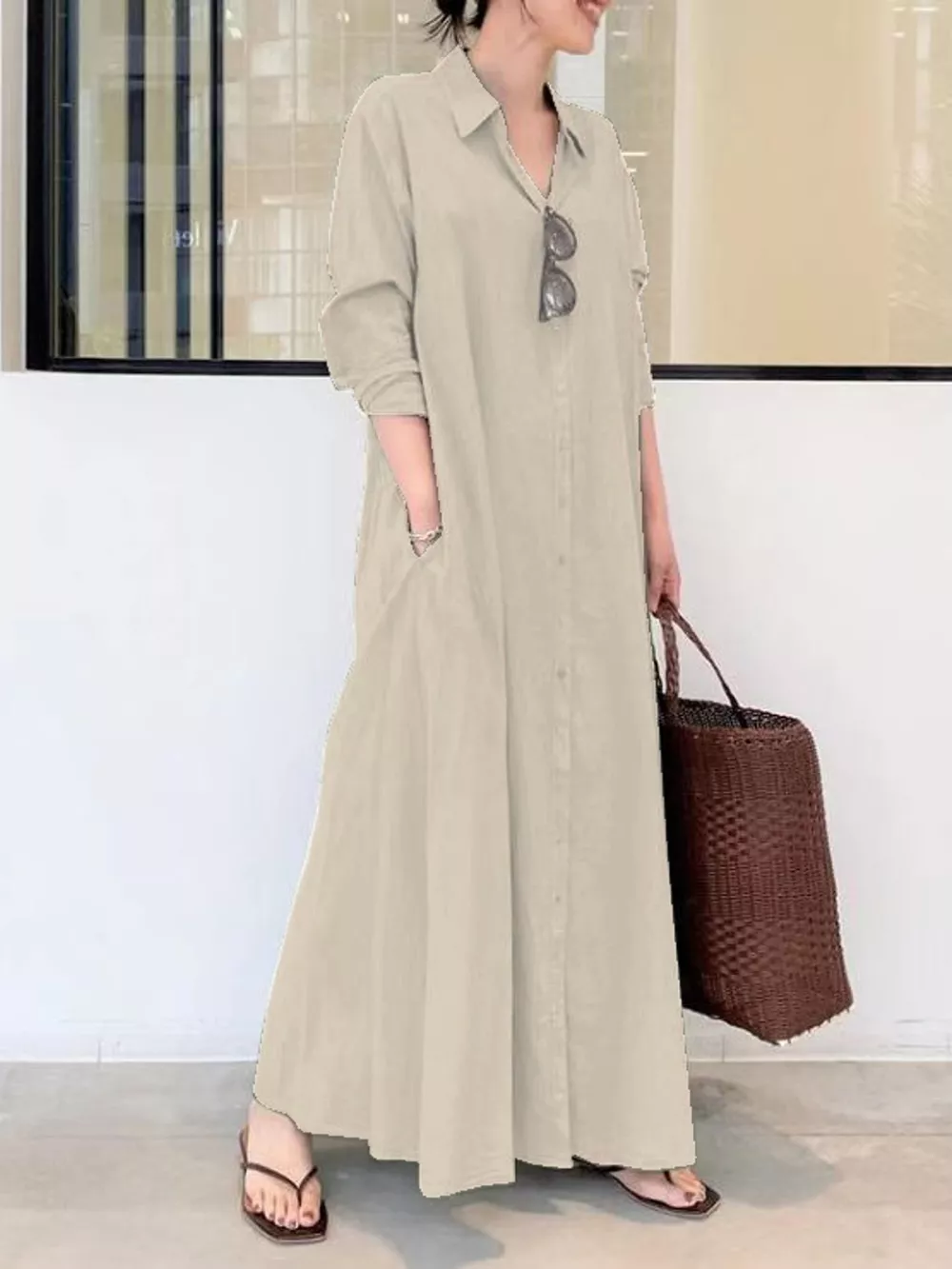 Full Size Button Front Long Sleeve Maxi Shirt Dress Plus Size