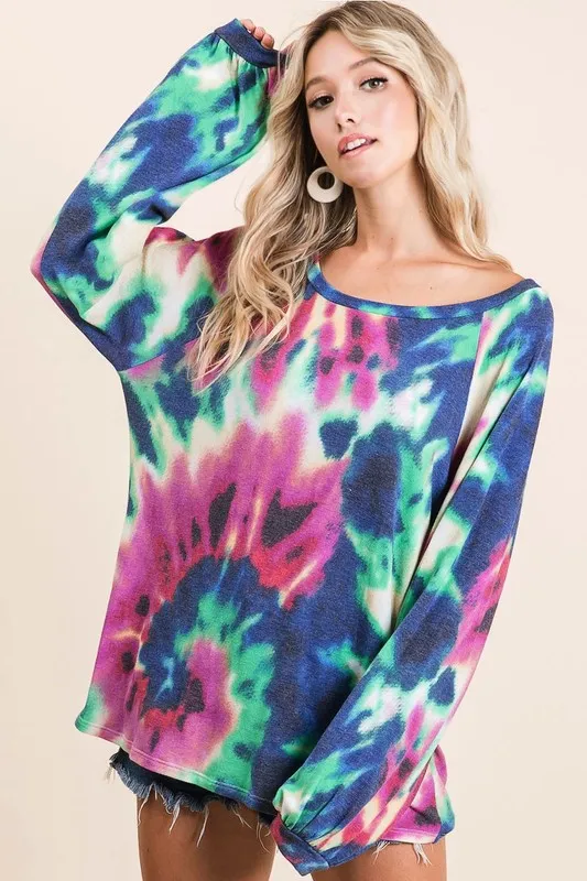 Tie Dye Print Terry Top with Puff Sleeves
