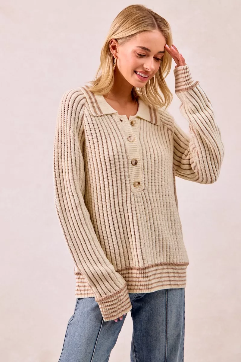 Half Button Ribbed Two Tone Sweater, image 14
