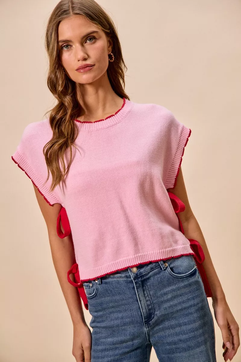 Lightweight Sweater Dolman Side Ribbon Tie Top