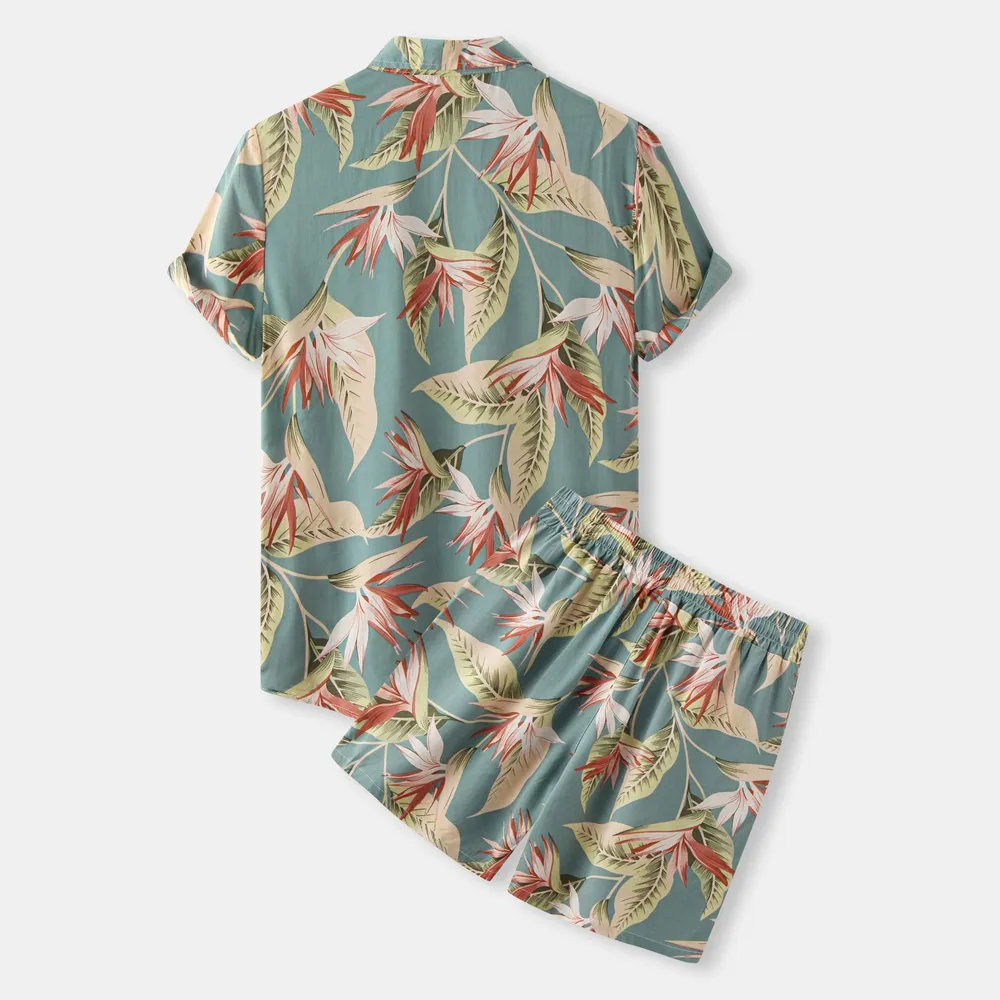 Men's Plus Size Printed Button Up Shirt and Shorts Set, image 2