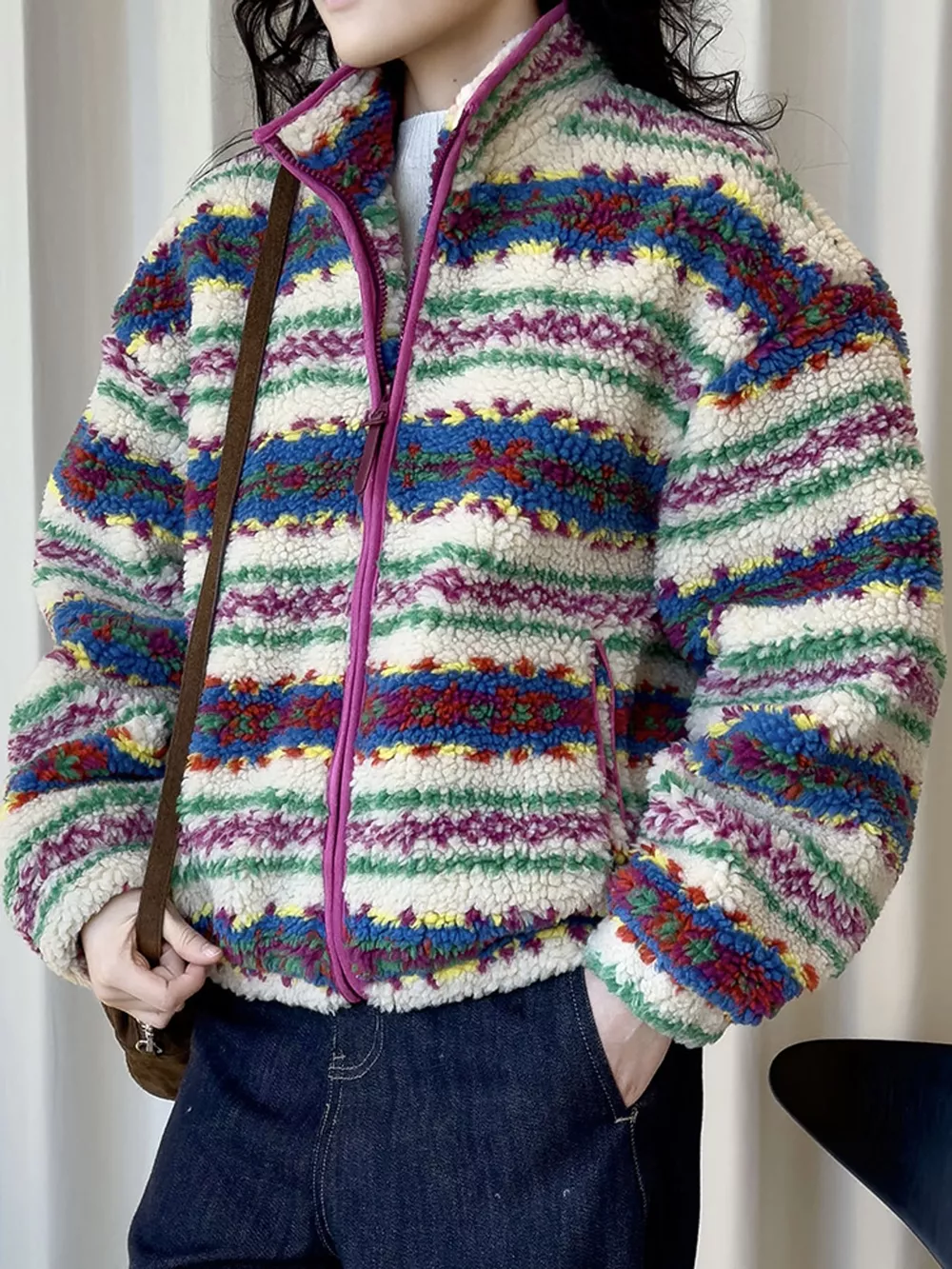 Colorful Patterned Sherpa Zip-Up Jacket, image 2