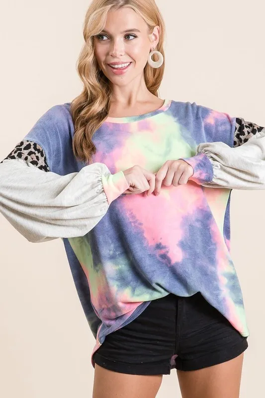 Tie Dye Terry Top with Contrast Puff Sleeves, image 5