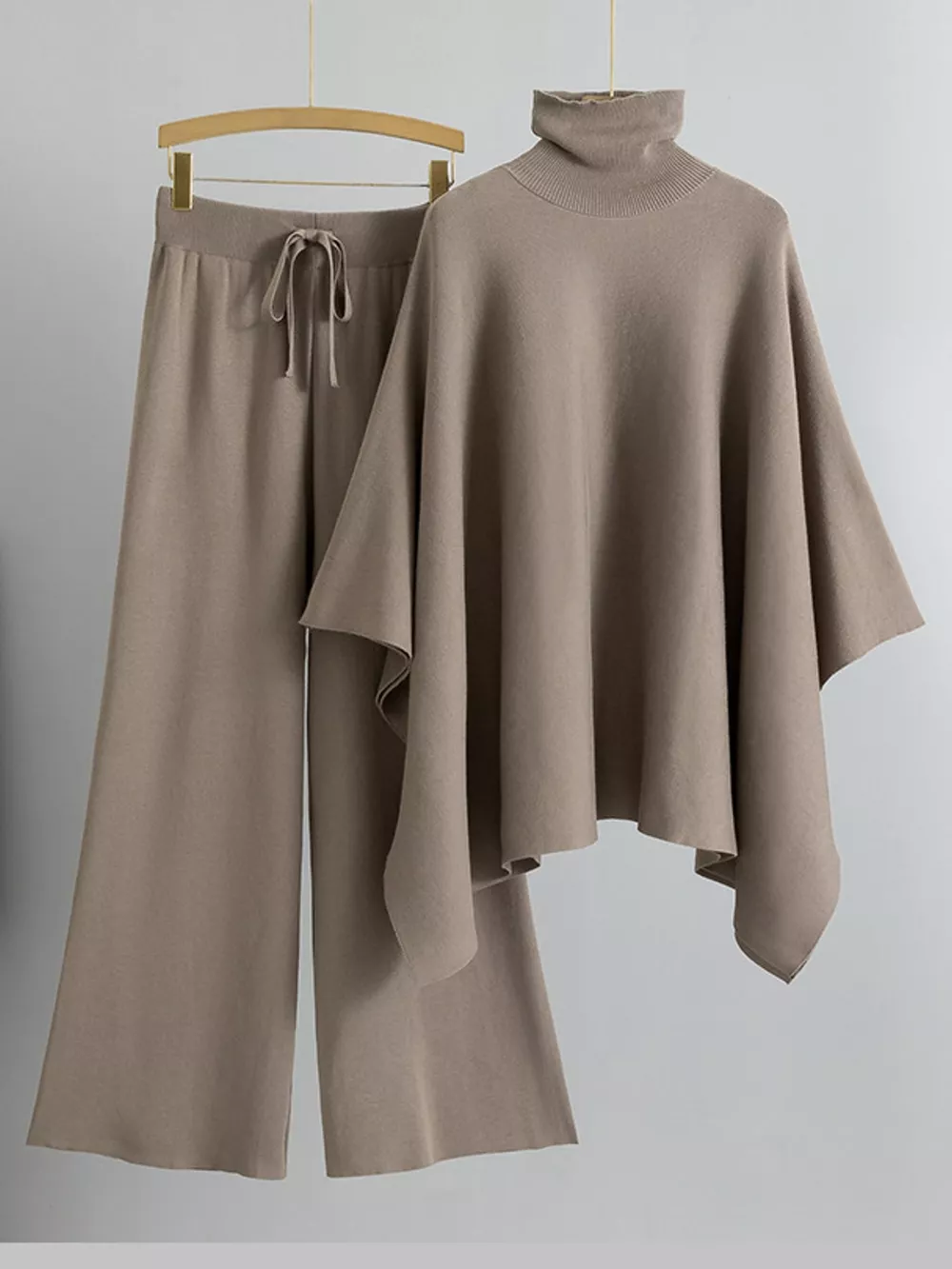 Elegant Turtleneck Poncho Sweater and Wide-Leg Knit Pants Set