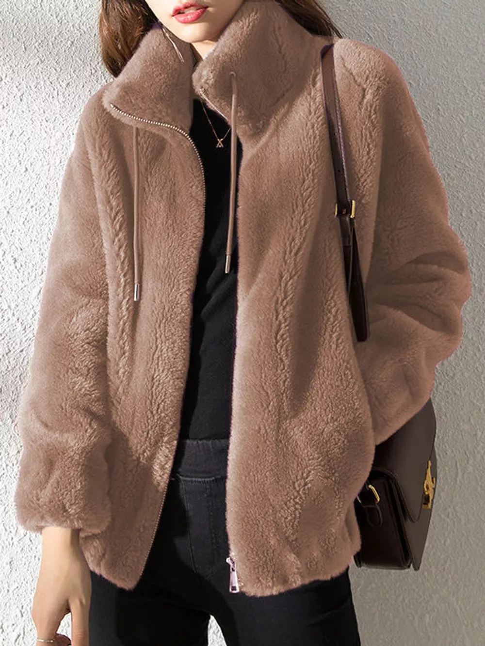 Full Size Drawstring Faux Fur Stand-Collar Zip-Up Outerwear Plus Size, image 31