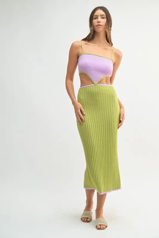 Ribbed Knit Color Block Cutout Midi Dress