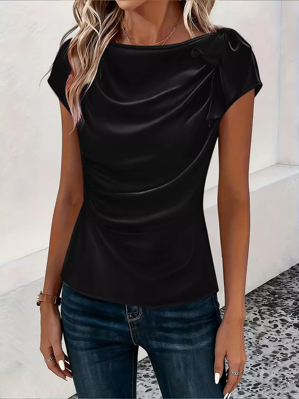 Ruched Short Sleeve Satin Top, image 2