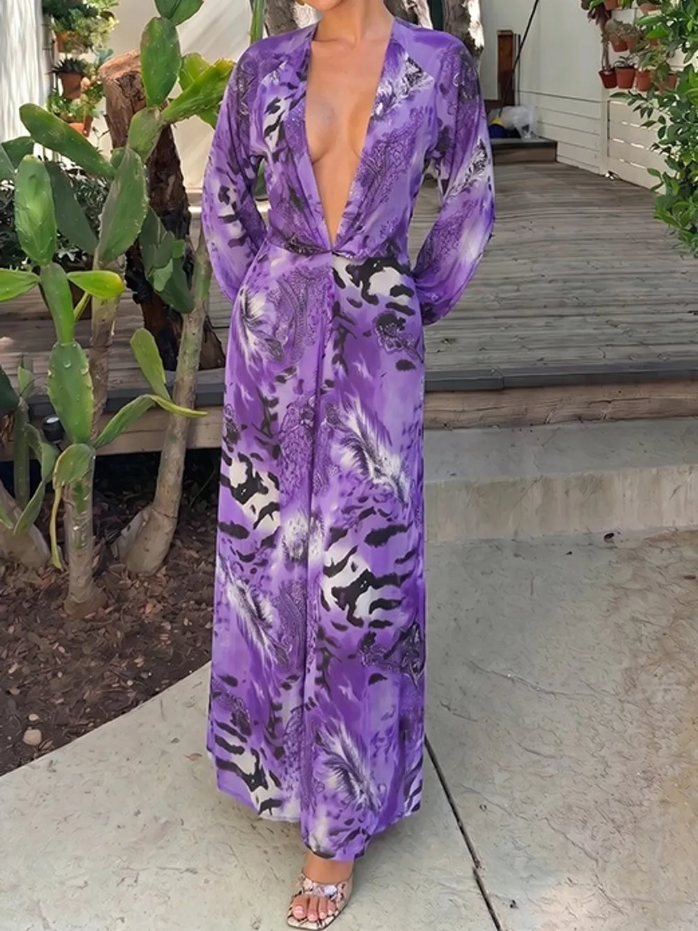 Deep V-Neck Long Sleeve Printed Maxi Dress, image 37
