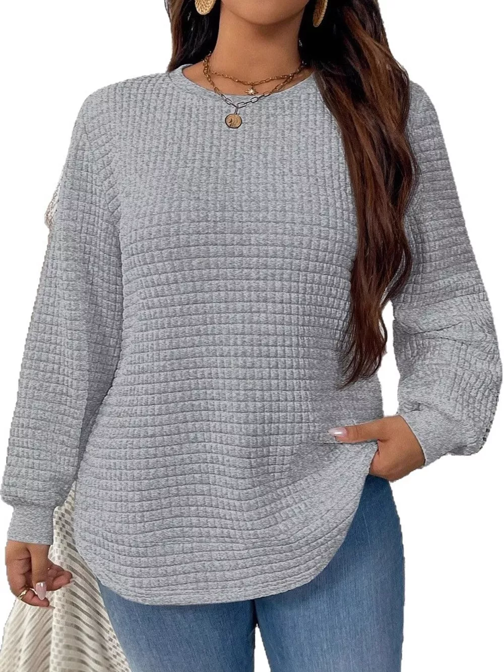 Plus Size Textured Waffle Knit Crew Neck Sweatshirt, image 15
