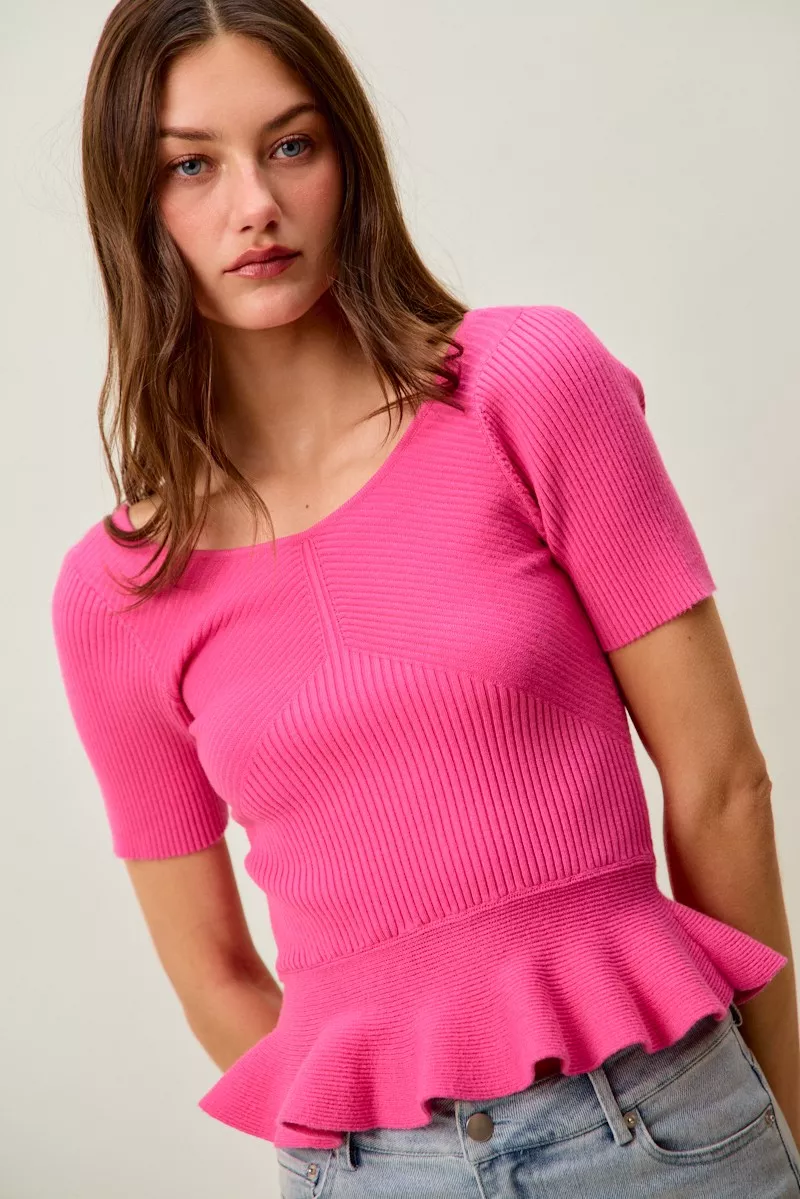 Ribbed Knit Short Sleeves Peplum Sweater Top, image 17