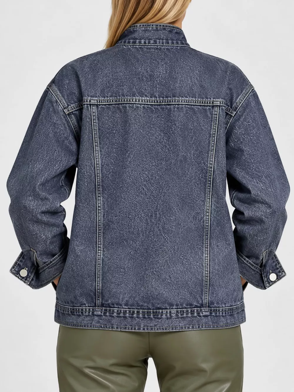 Full Size Asymmetric Button-Up Stand Collar Denim Jacket Plus Size, image 11