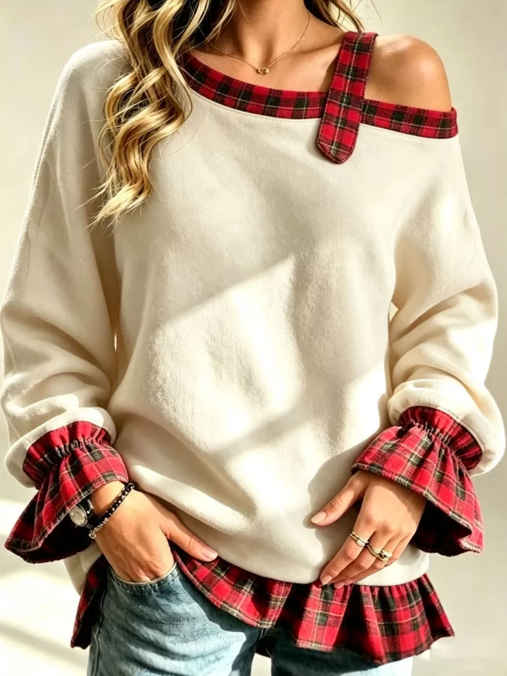 Full Size Plaid Ruffled Hem Asymmetrical Neck Sweatshirt Plus Size