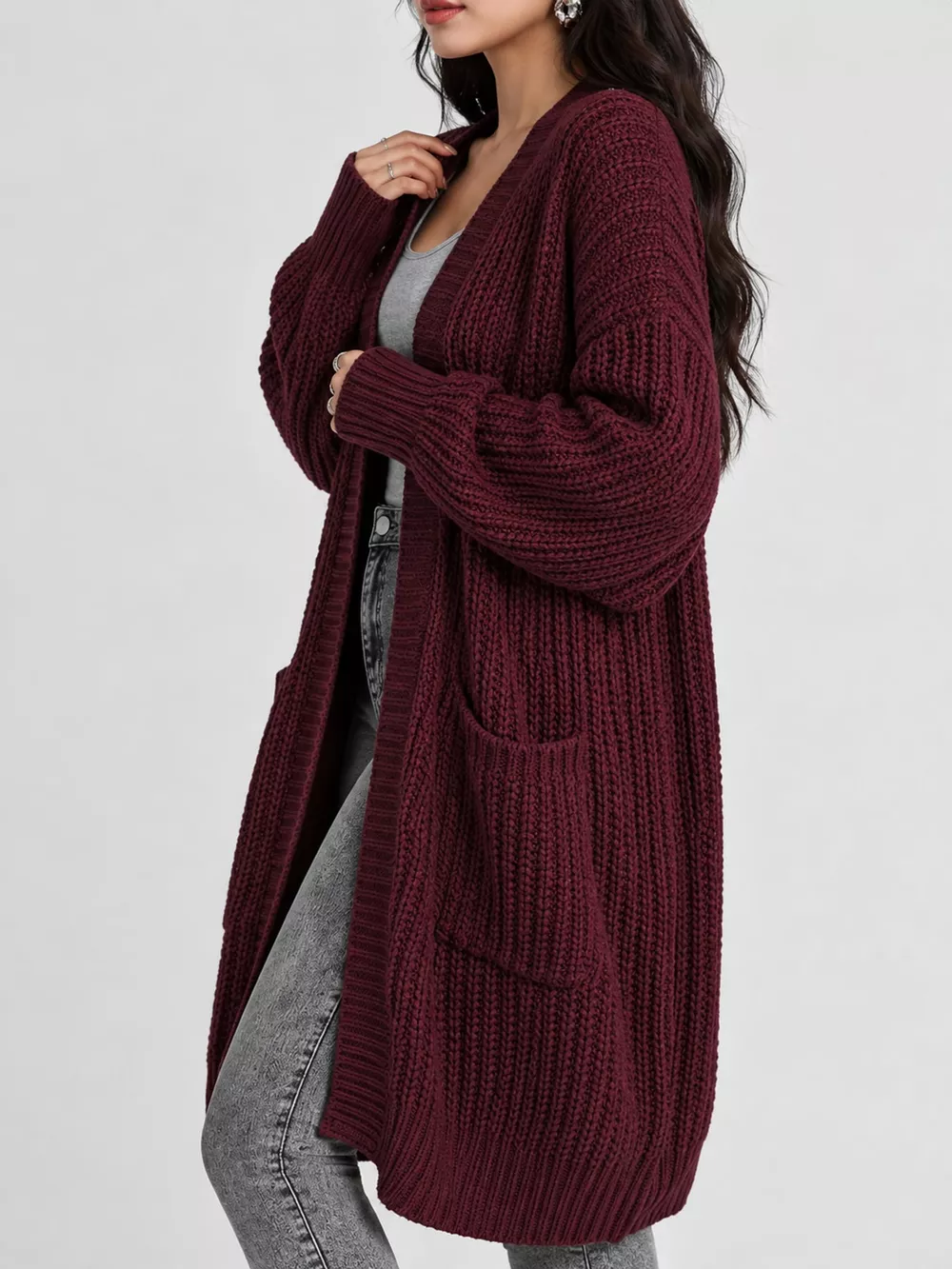Full Size Chunky Knit Openwork Front Longline Cardigan Plus Size, image 9