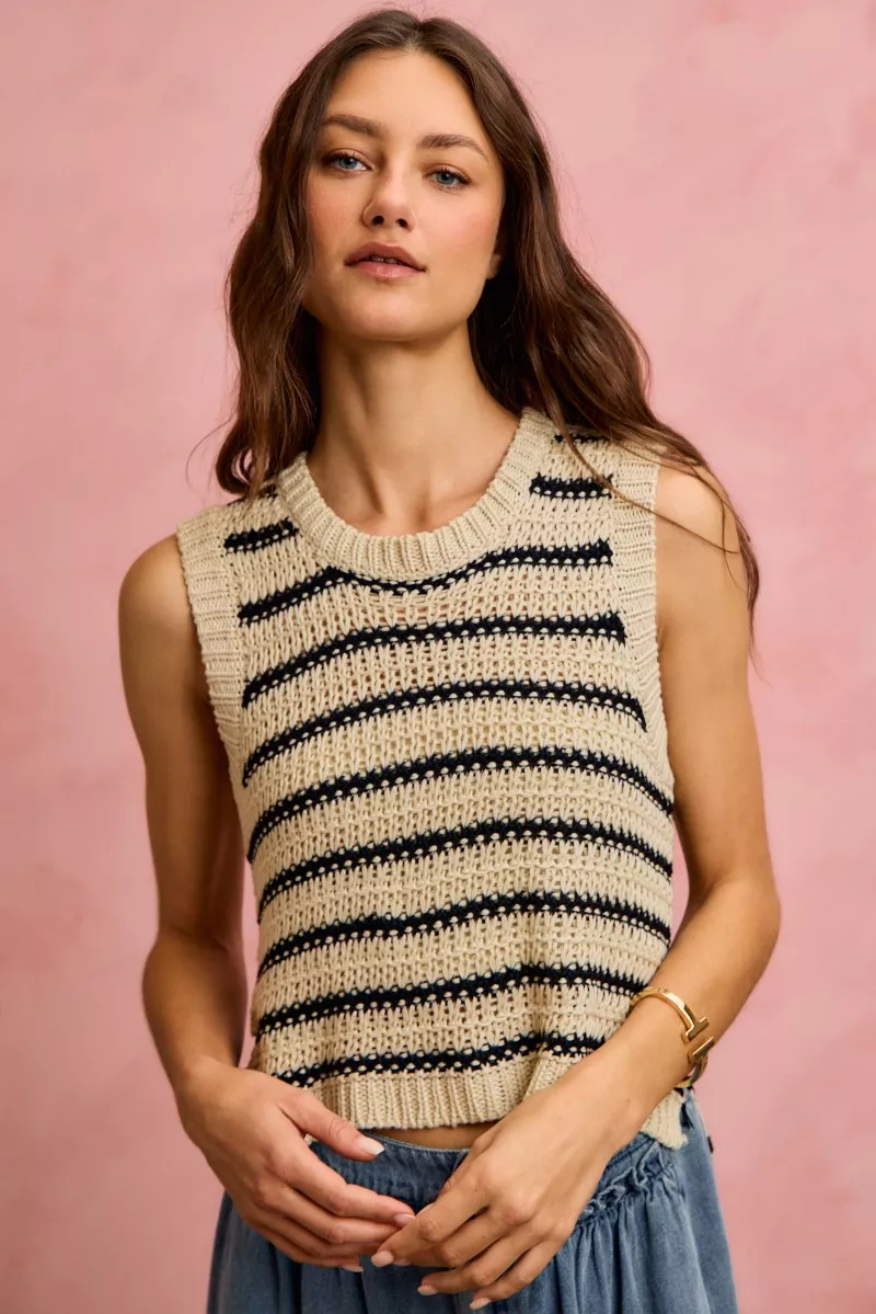 Low Gauge Textured Stripe Sleeveless Sweater Top, image 10