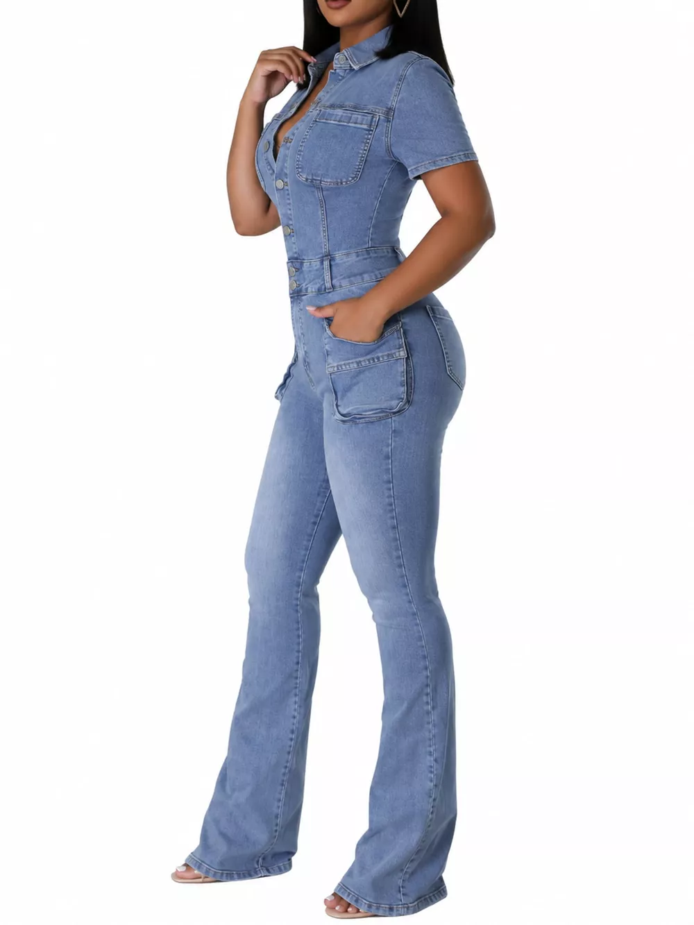 Slim-Fit Denim Jumpsuit with Utility Cargo Pockets and Flared Legs, image 6