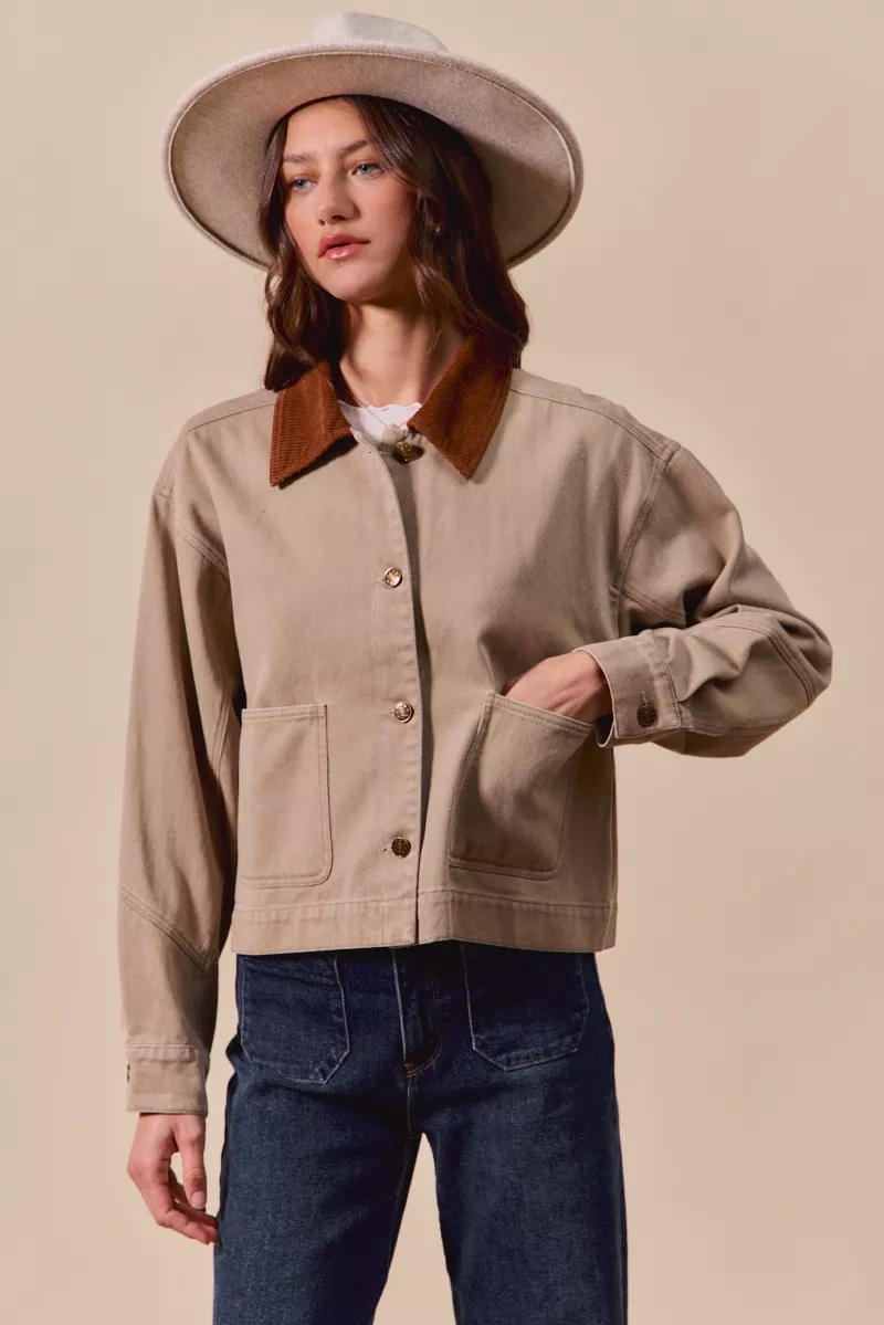 Cotton Twill Cropped Barn Jacket wtih Collar, image 12