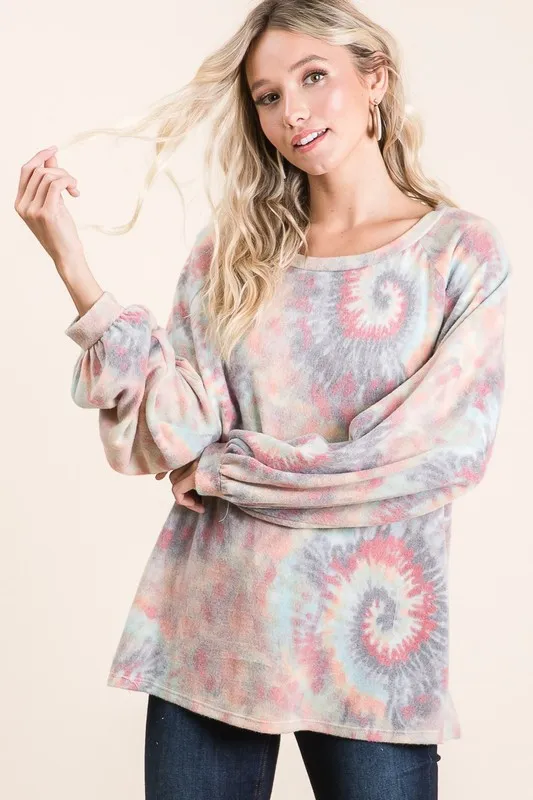 Brushed Tie Dye Print Top with Puff Sleeves, image 5