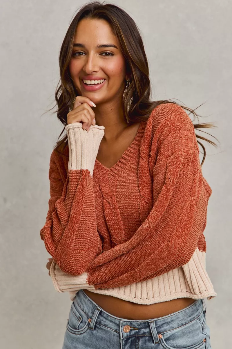 Chenille Cable Knit V Neck Contrast Cropped Sweater, image 7