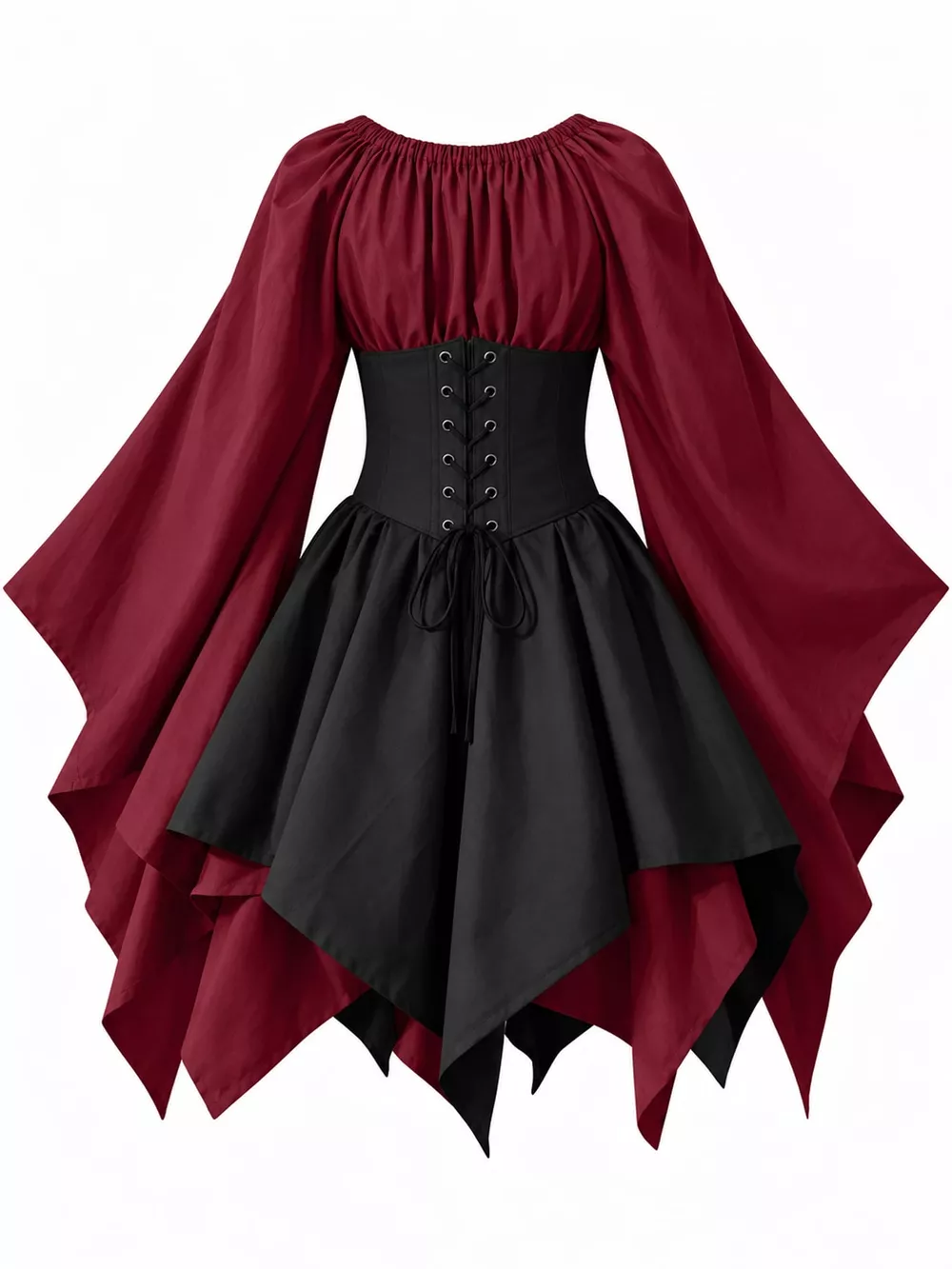 Full Size Lace-Up Flare Sleeve Irregular Hem Dress Plus Size, image 27