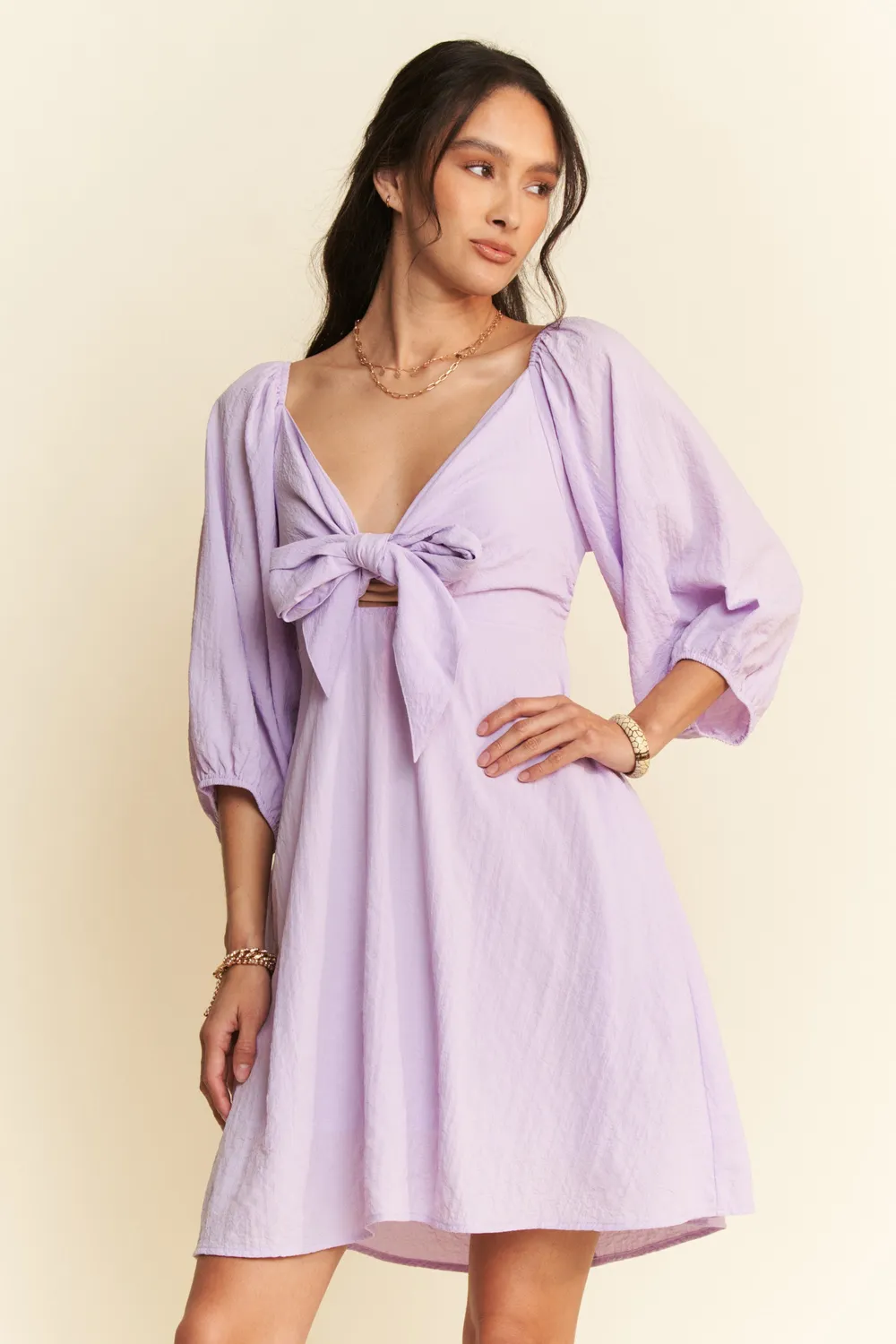 Self-Tie Puff Sleeve Smocking Open Back Mini Dress, image 3