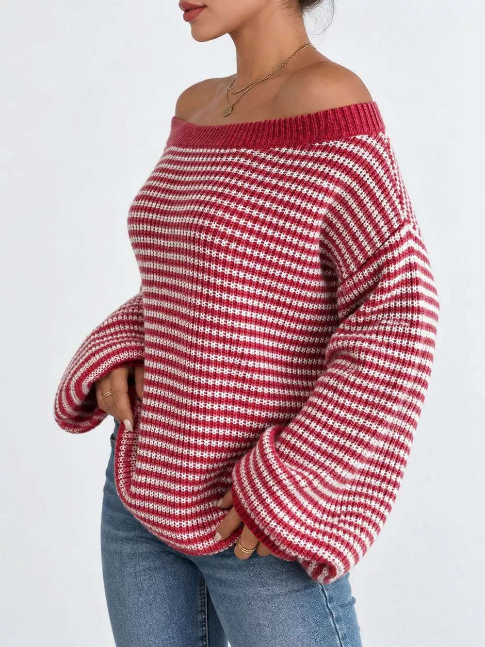 Striped Knit Boat Neck Sweater, image 4
