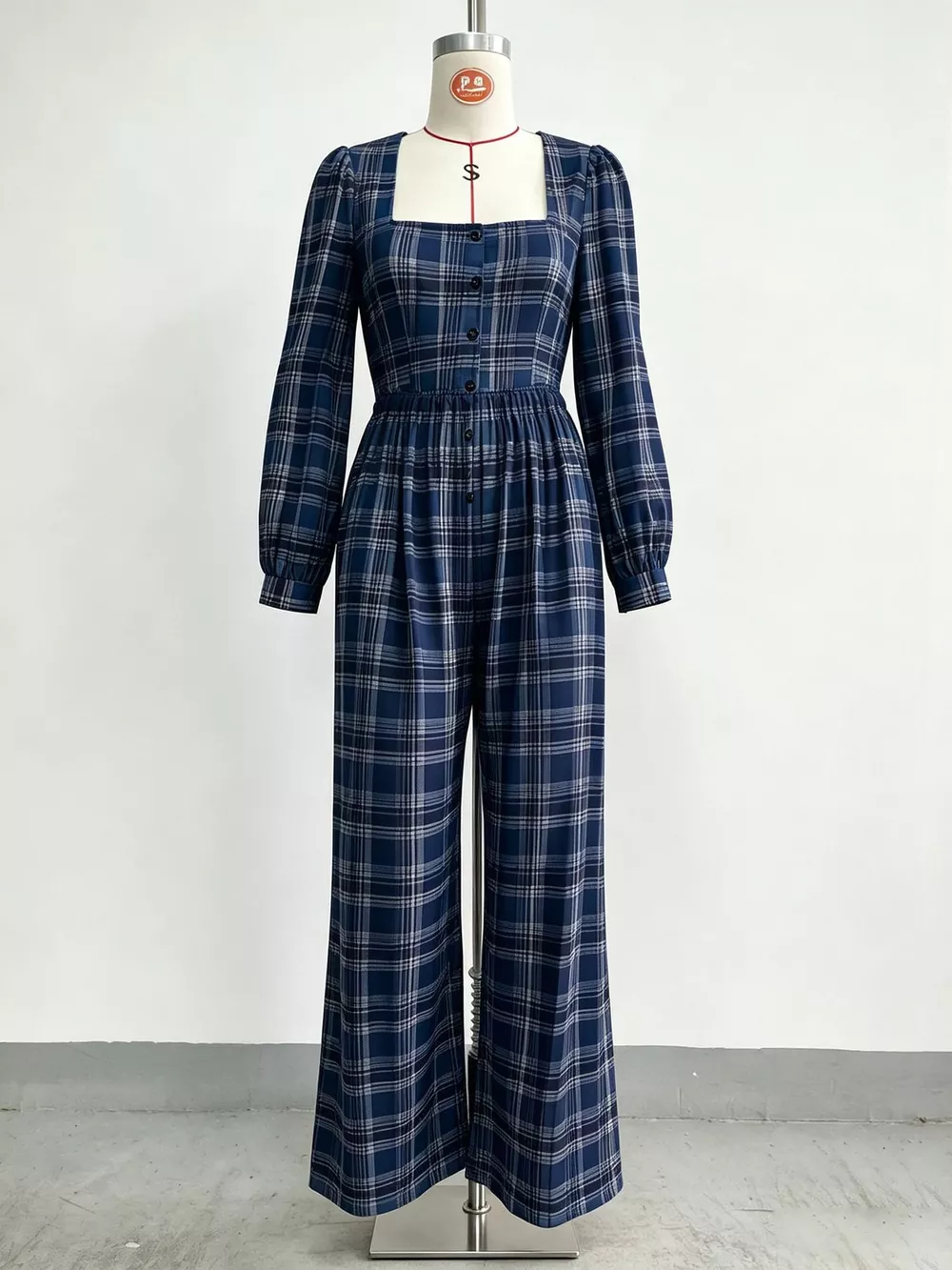 Plaid Square Neck Long Sleeve Wide-Leg Jumpsuit, image 8