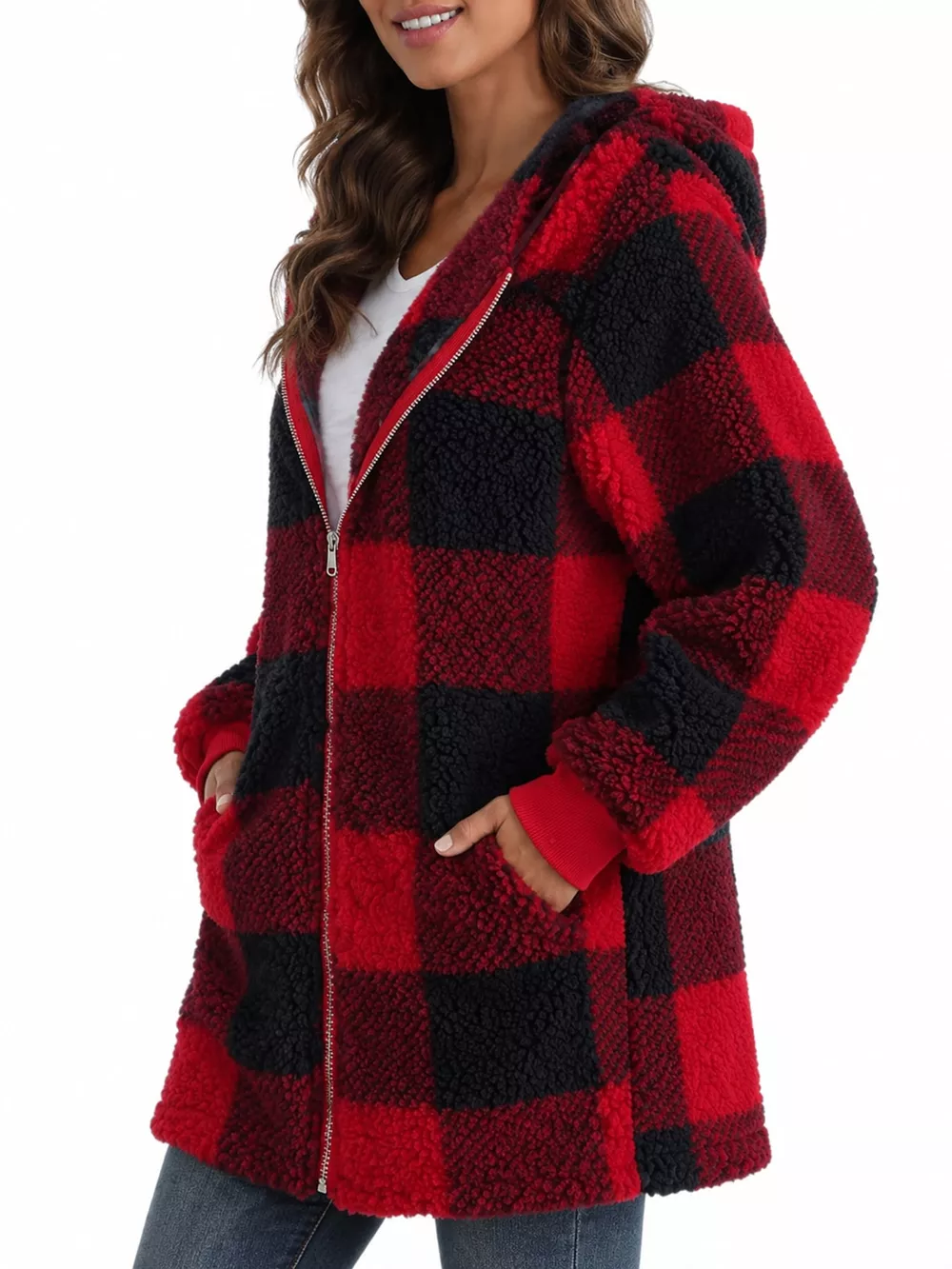 Full Size Plaid Sherpa Hooded Zip-Up Outerwear Plus Size, image 27