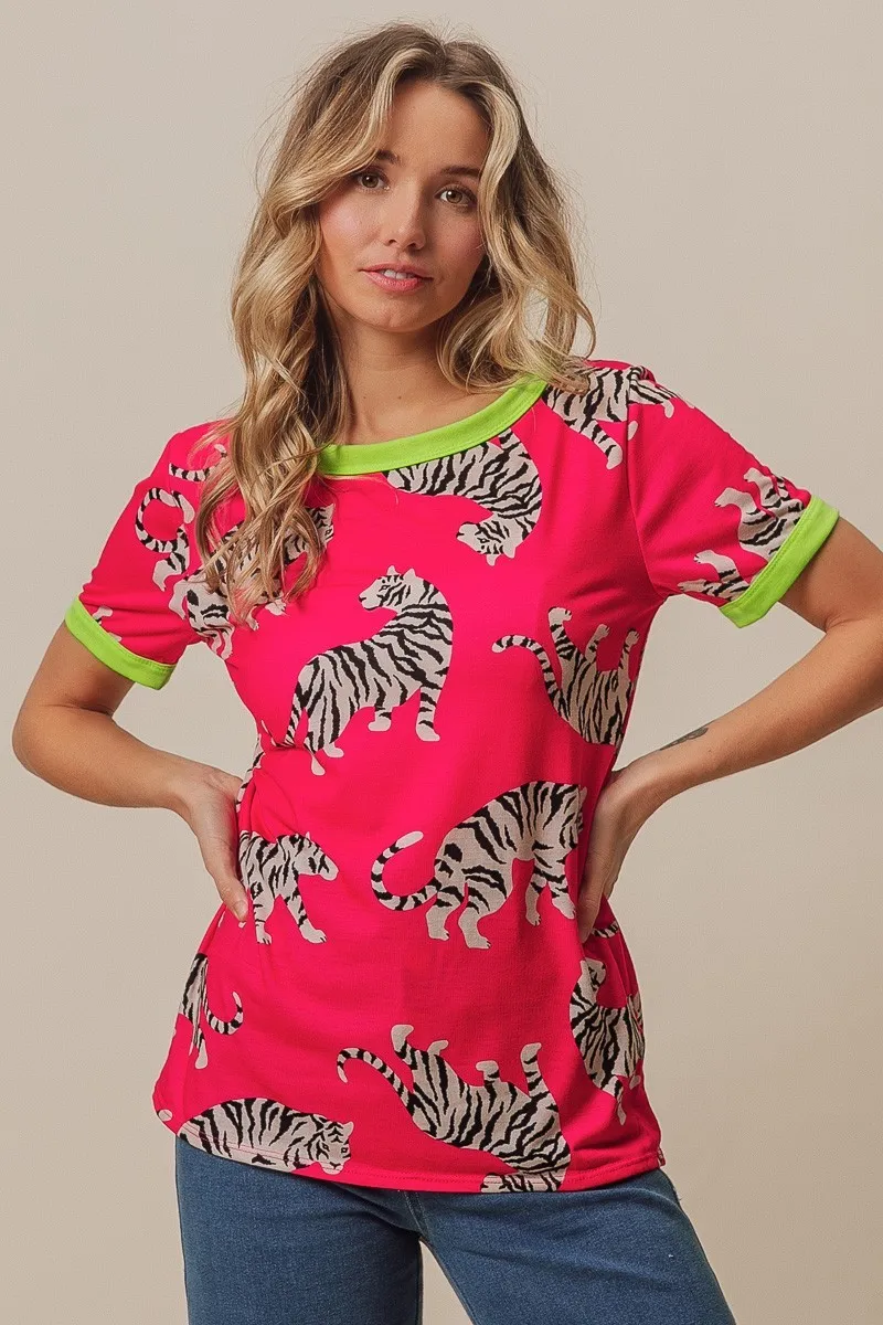 BiBi Big Tiger Print Jersey Contrast Ringer Top, image 6