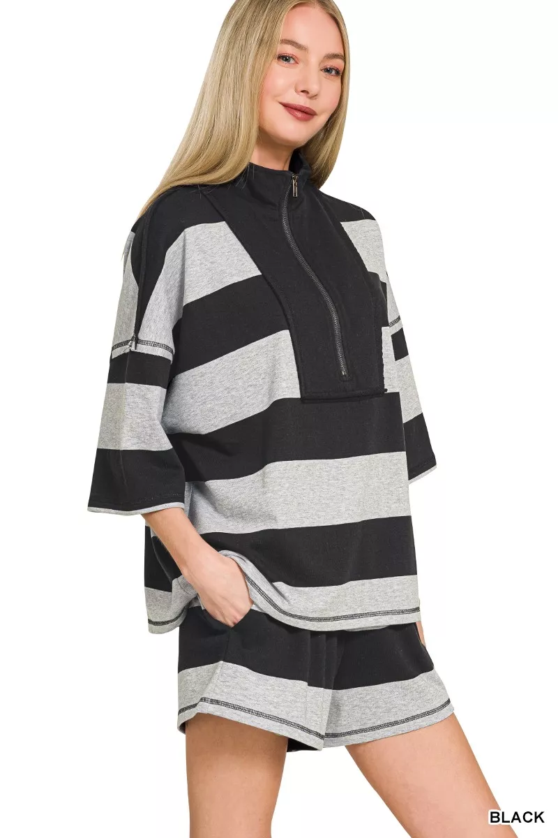 Frenchterry Striped Half Zip Top & Shorts Set, image 2