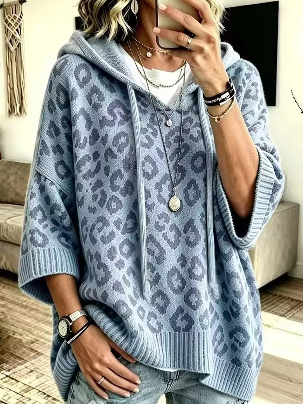 Full Size Leopard Print Hooded Knit Sweater Plus Size, image 18