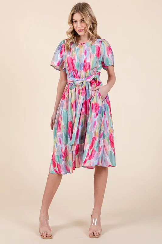 Watercolor Print Tie Front Midi Dress, image 6