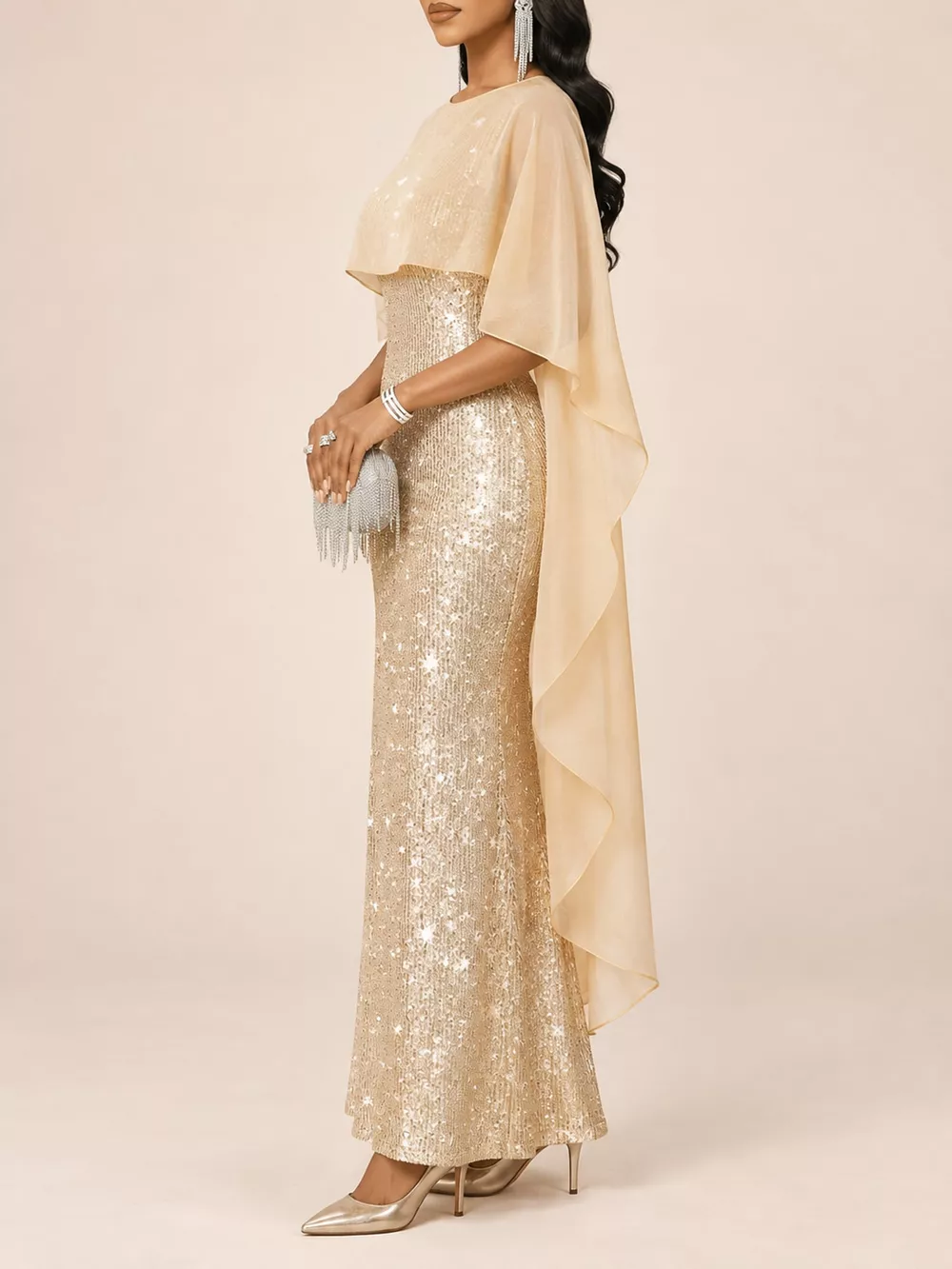 Sequin Cape Overlay Evening Dress, image 24