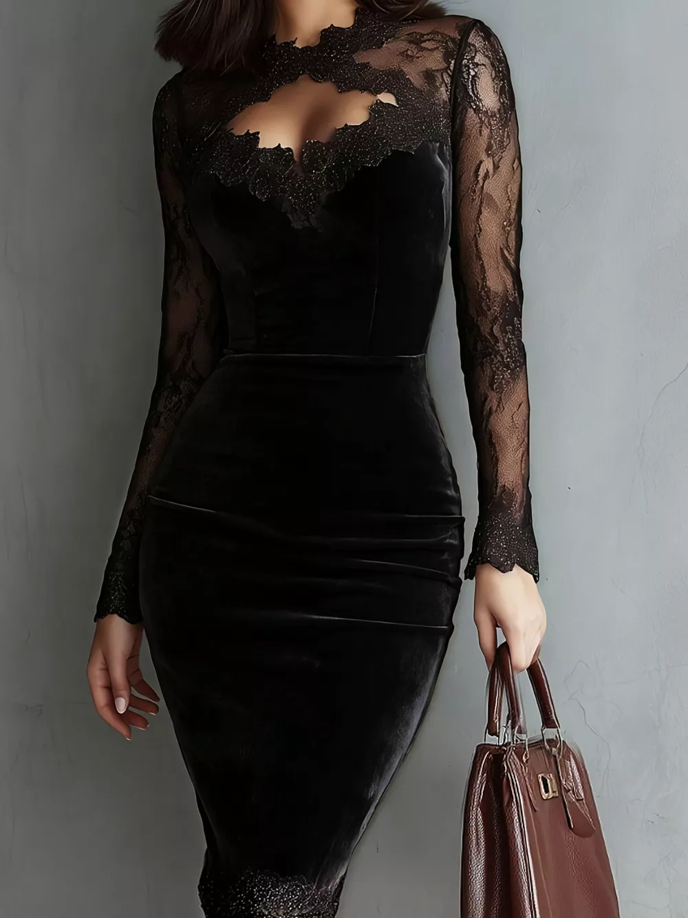 Long-Sleeve Velvet Lace Bodycon Dress, image 8