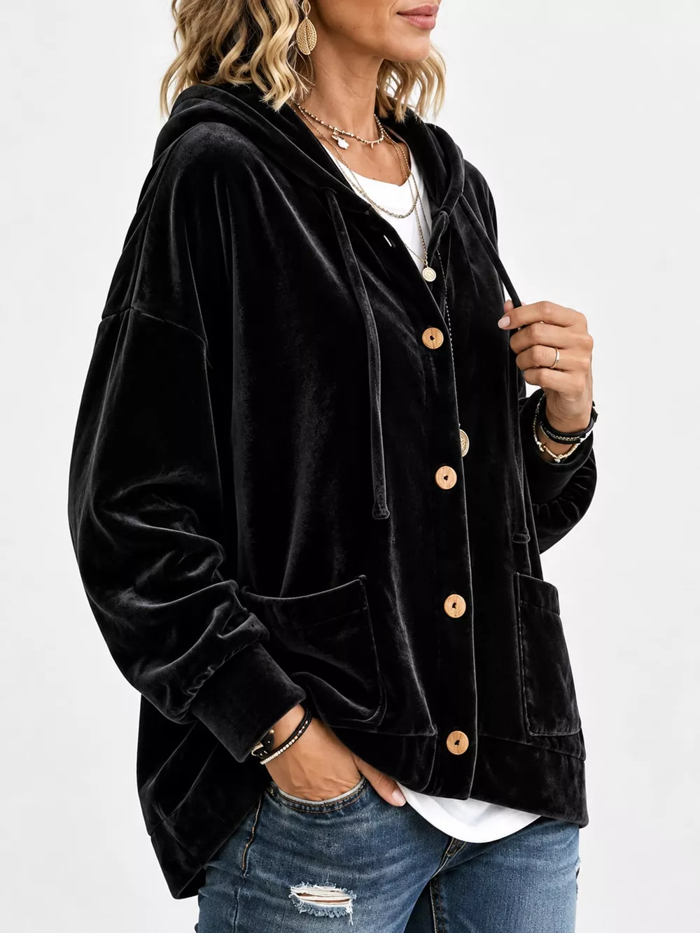 Full Size Velvet Dropped Shoulder Hoodie Plus Size, image 7