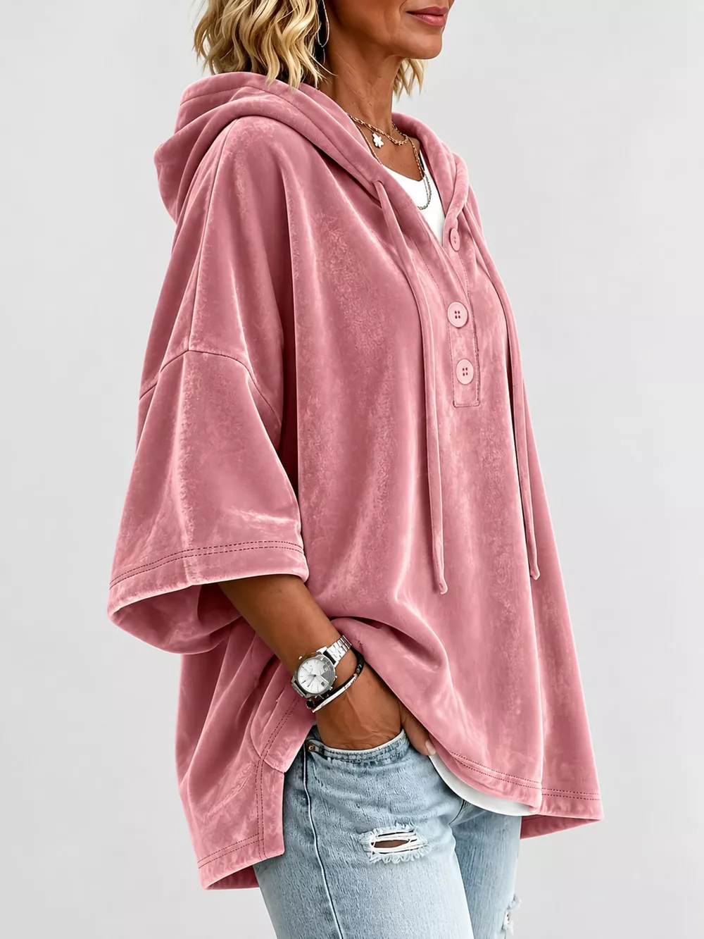 Full Size Velvet Button Detail Hoodie Plus Size, image 18