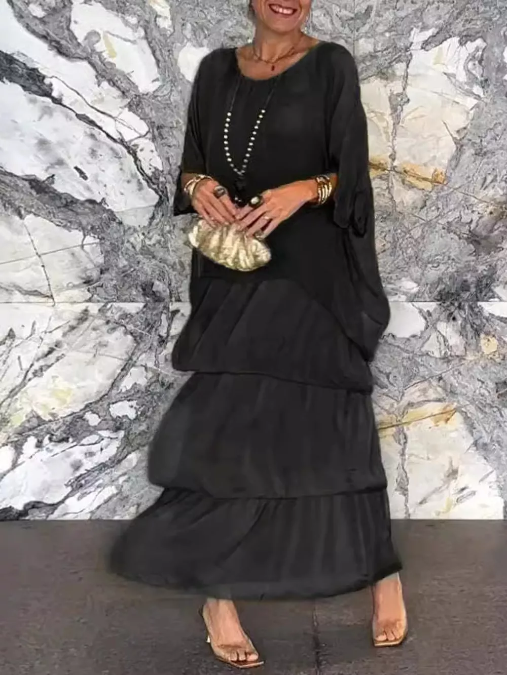 Full Size Layered Batwing Sleeve Maxi Dress Plus Size, image 15