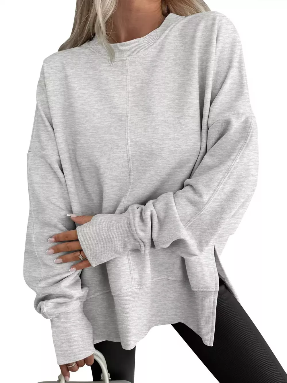 Oversized Crew Neck Sweatshirt with Side Slit, image 17