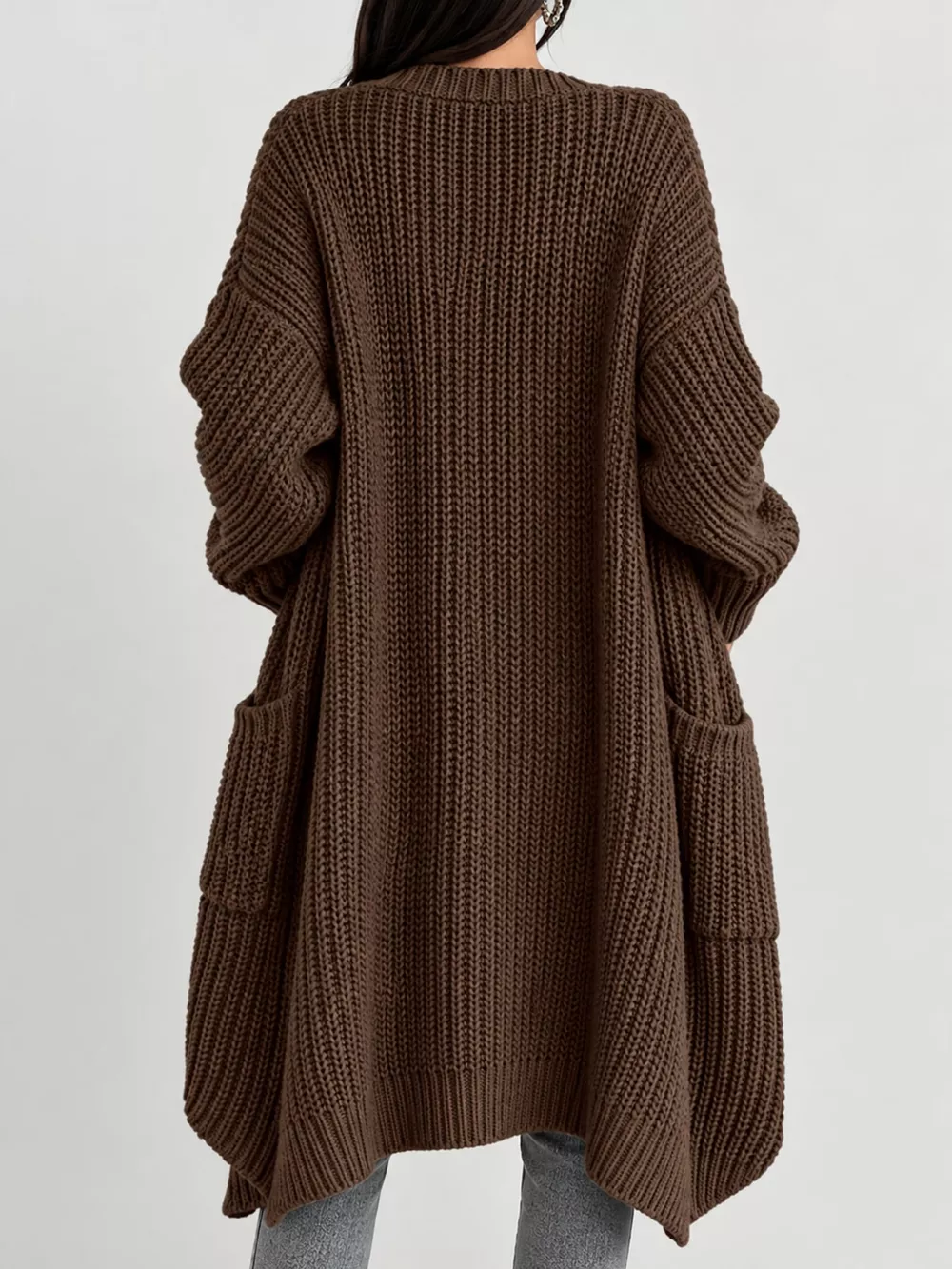 Full Size Chunky Knit Openwork Front Longline Cardigan Plus Size, image 26