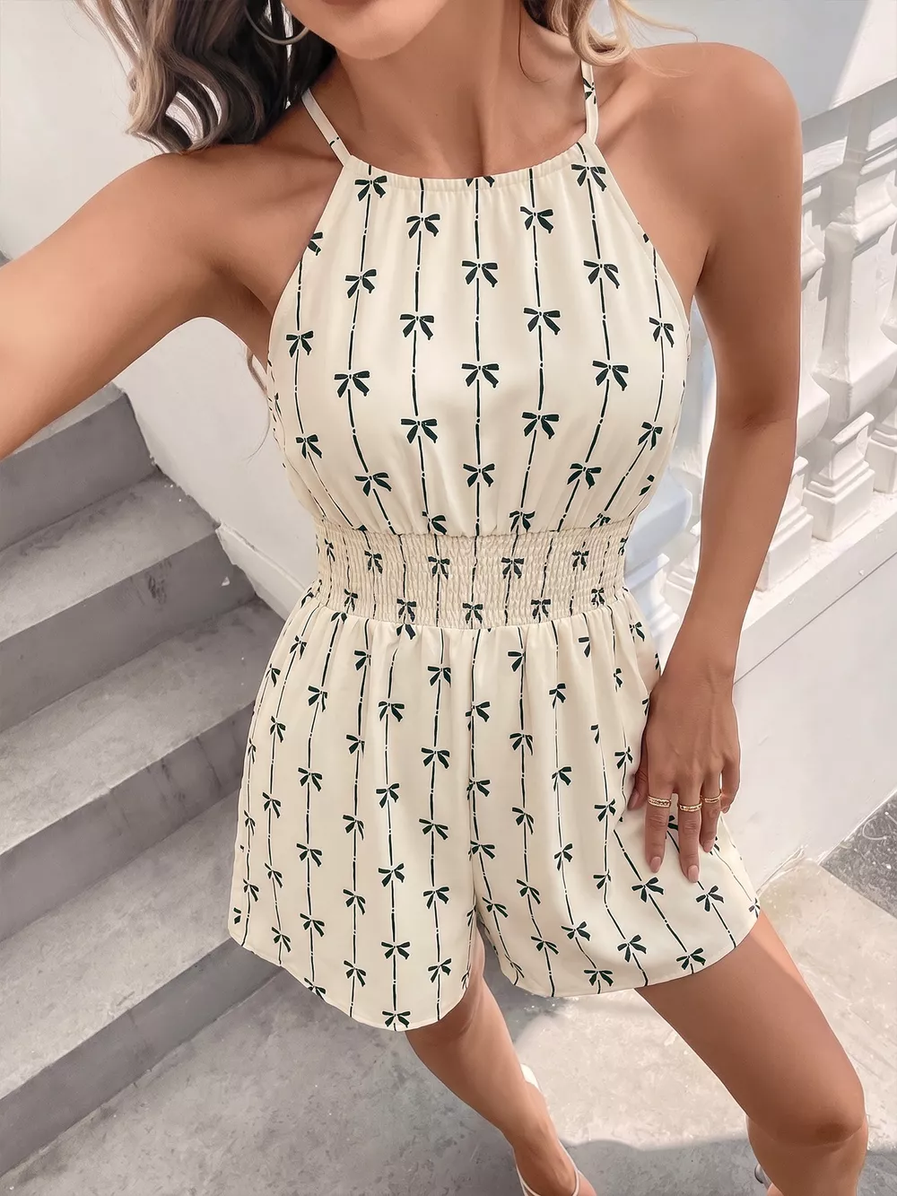 Bow Print Halter Neck Smocked Romper, image 2