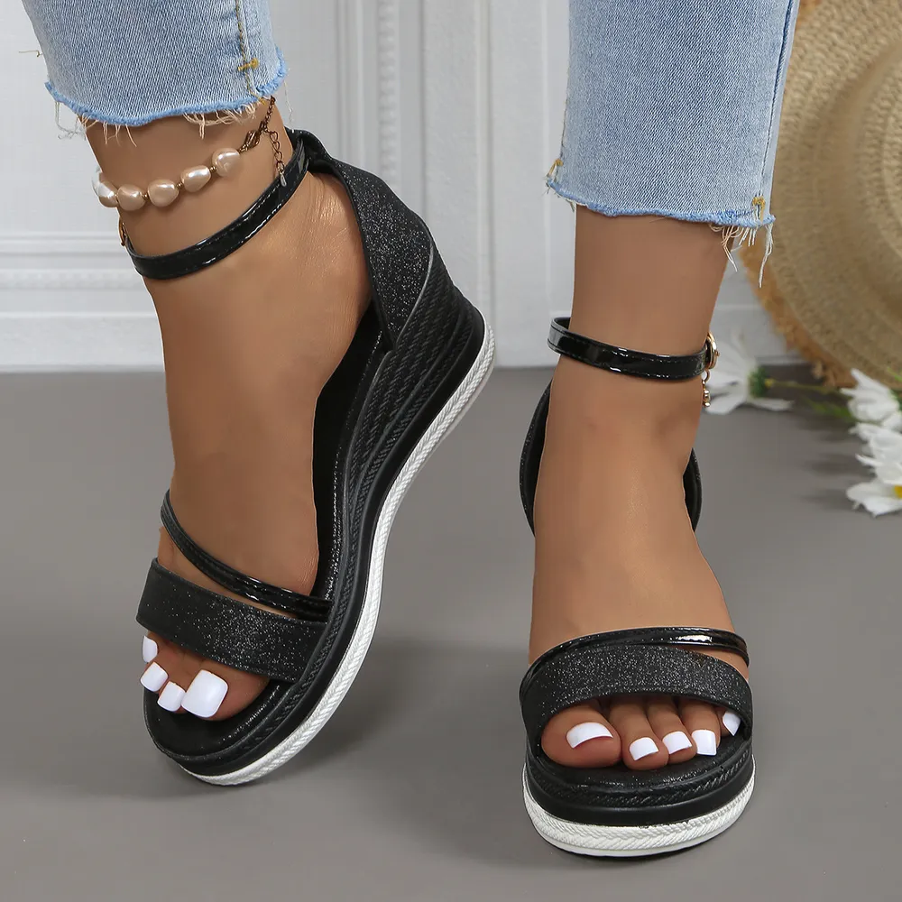 Glitter Platform Wedge Sandals with Ankle Strap