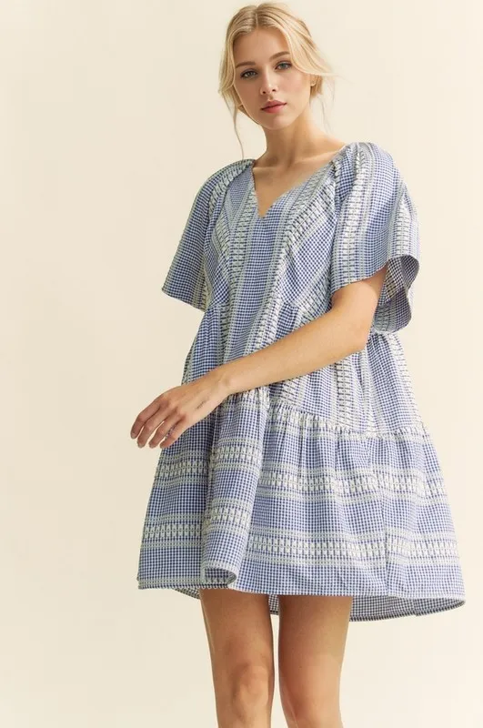Embroidered Stripe Ruffled Gingham Mini Dress, image 9