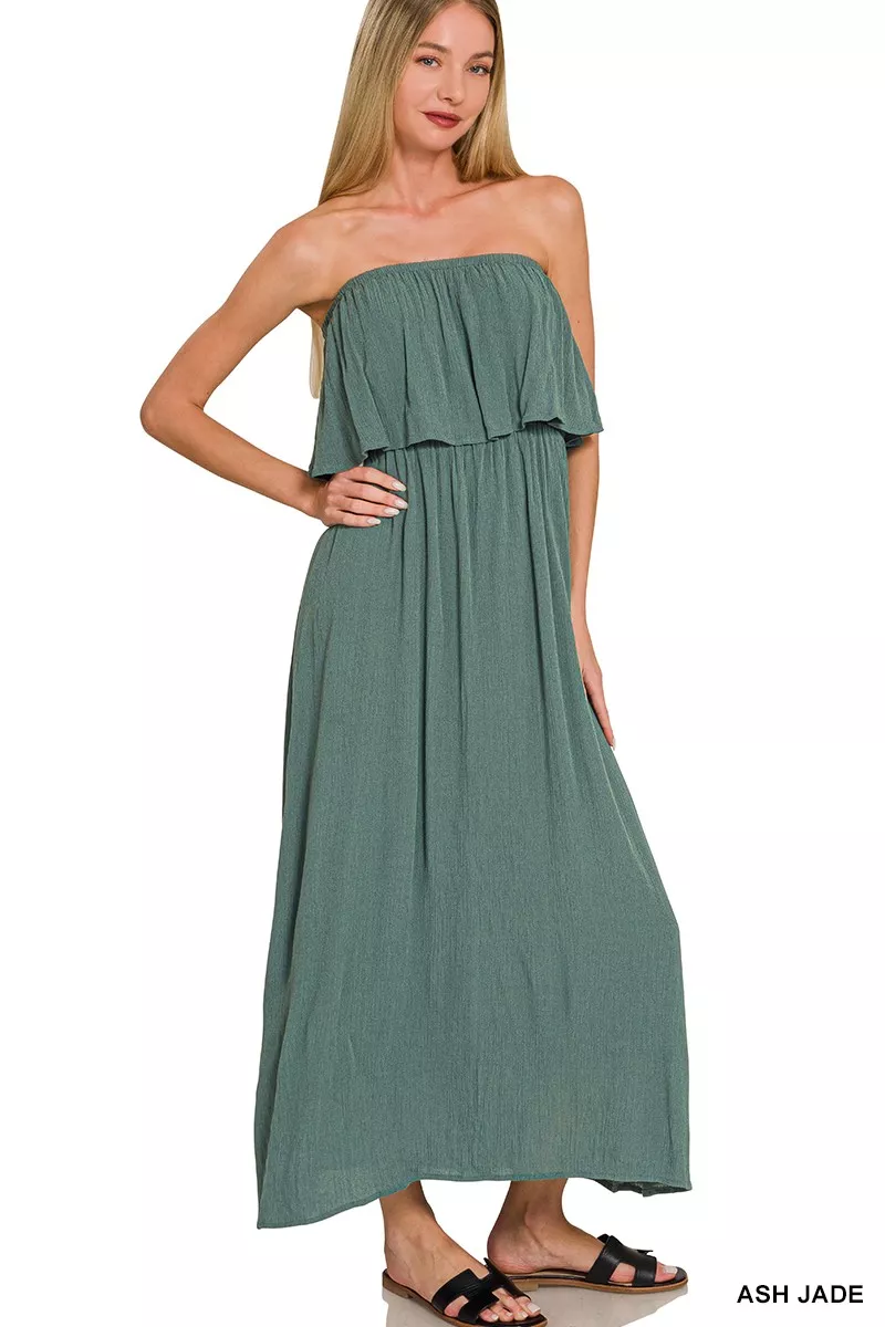 Woven Crinkle Strapless Maxi Dress, image 3