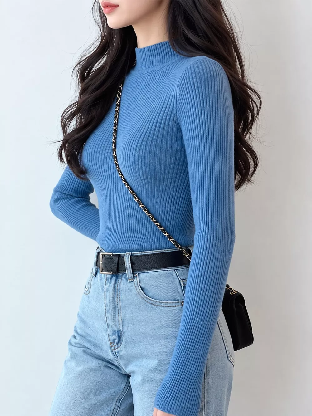 Elegant Slim-Fit Ribbed Mock Neck Knit Top, image 41